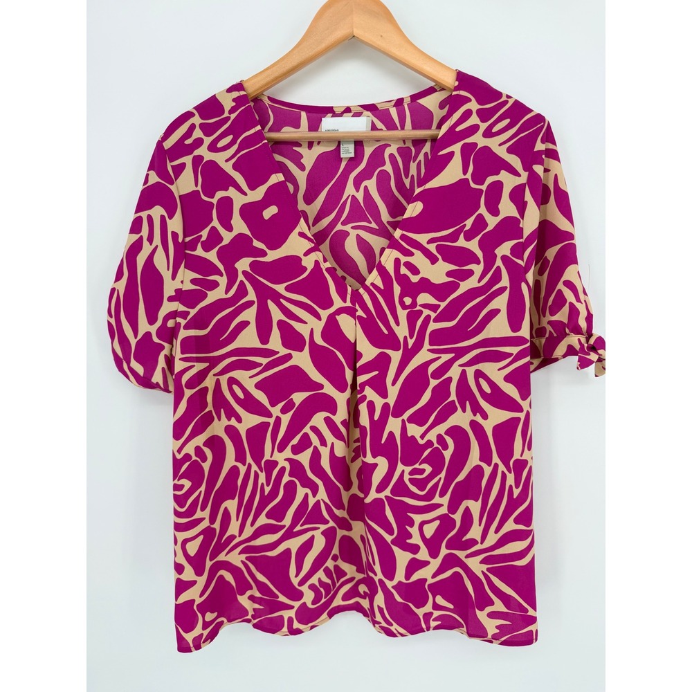Nordstrom Rack V-Neck Blouse Large Magenta Abstract Tie Sleeve Bold Maximalist